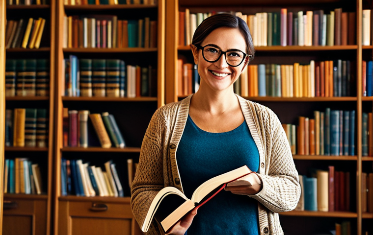 **
"A friendly librarian in a cozy, sunlit library, wearing a comfortable cardigan and glasses, organizing books on a shelf, fully clothed, appropriate attire, safe for work, perfect anatomy, natural proportions, professional photography, warm lighting, bookshelves filled with colorful books, modest clothing, family-friendly."
**